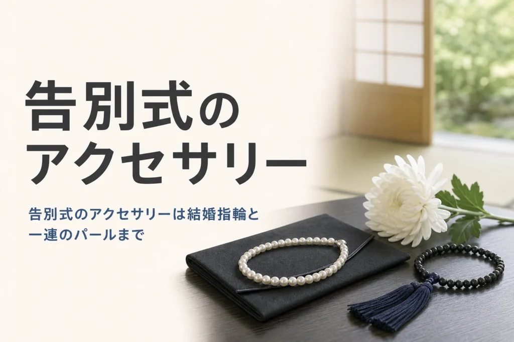 告別式のアクセサリーの考え方を紹介する記事のアイキャッチ。座卓の上の一連のパールと袱紗