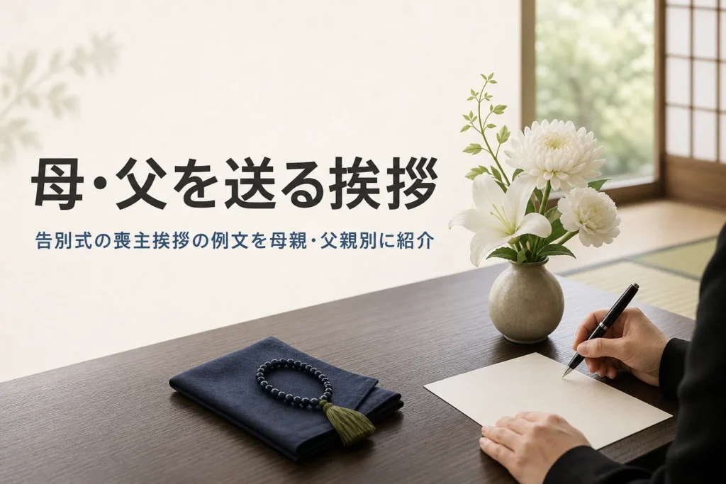 母・父を送る告別式の喪主挨拶の例文を紹介する記事のアイキャッチ。和室の座卓に置かれた白い花と挨拶のメモ