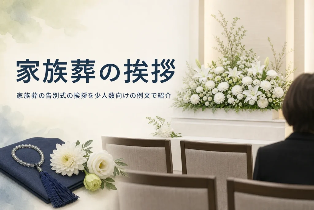 家族葬の告別式の挨拶の例文を紹介する記事のアイキャッチ。白い花の小さな花祭壇と並んだ椅子