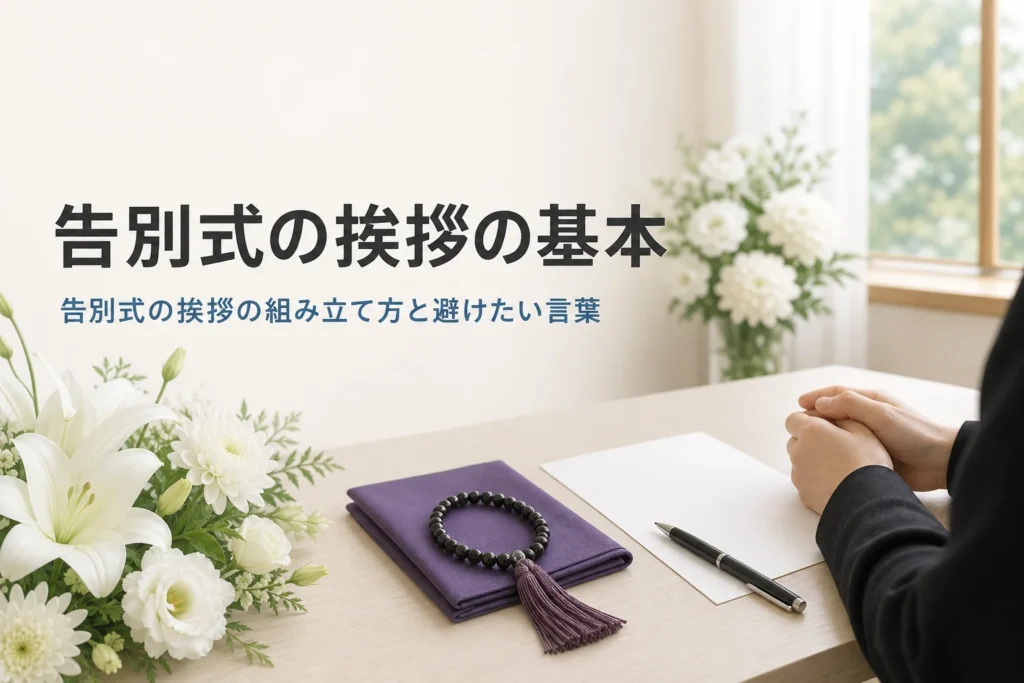 告別式の挨拶の基本を紹介する記事のアイキャッチ。控室の机に置かれた挨拶のメモと袱紗