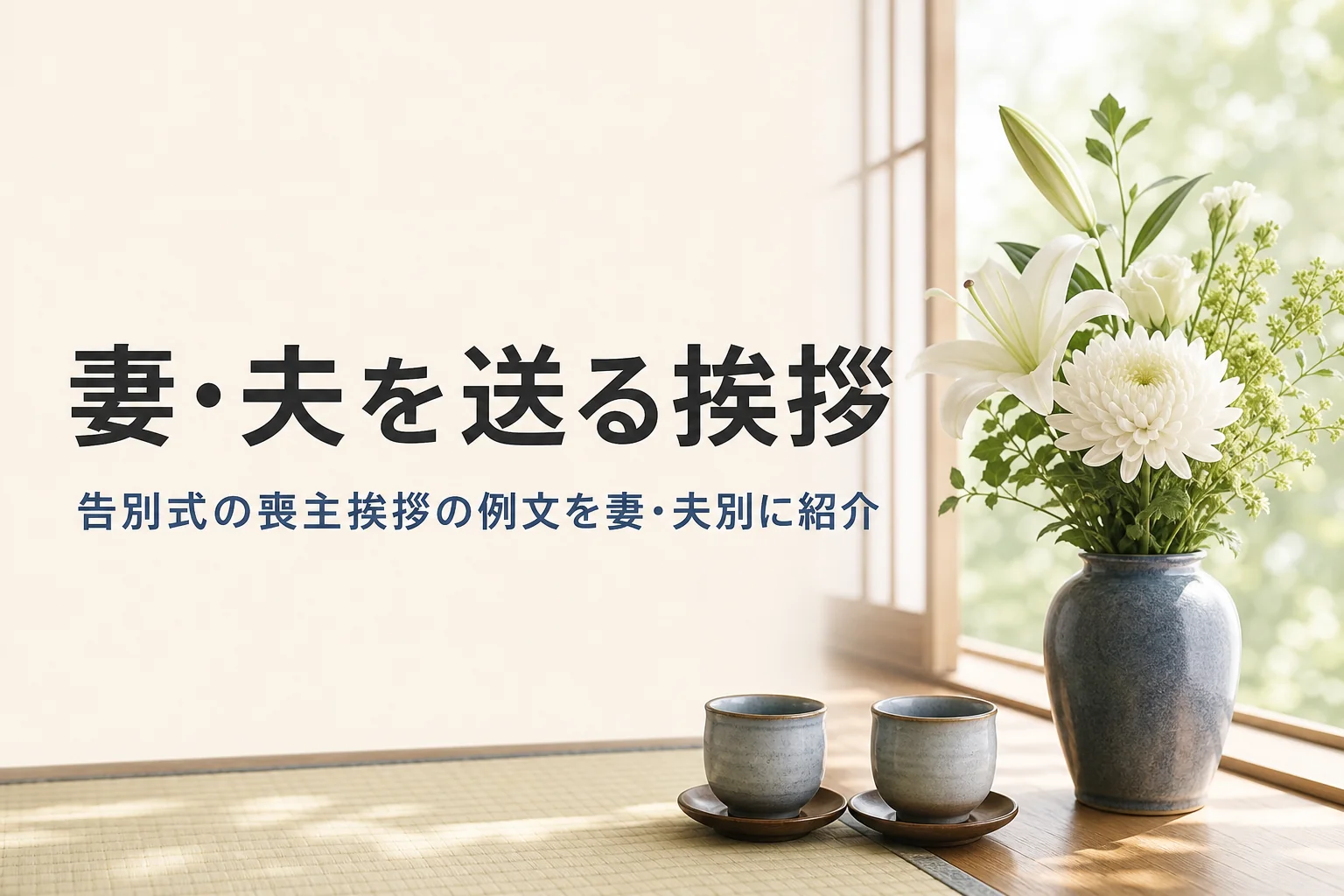 妻・夫を送る告別式の喪主挨拶の例文を紹介する記事のアイキャッチ。和室の窓辺の白い花と二つの湯のみ
