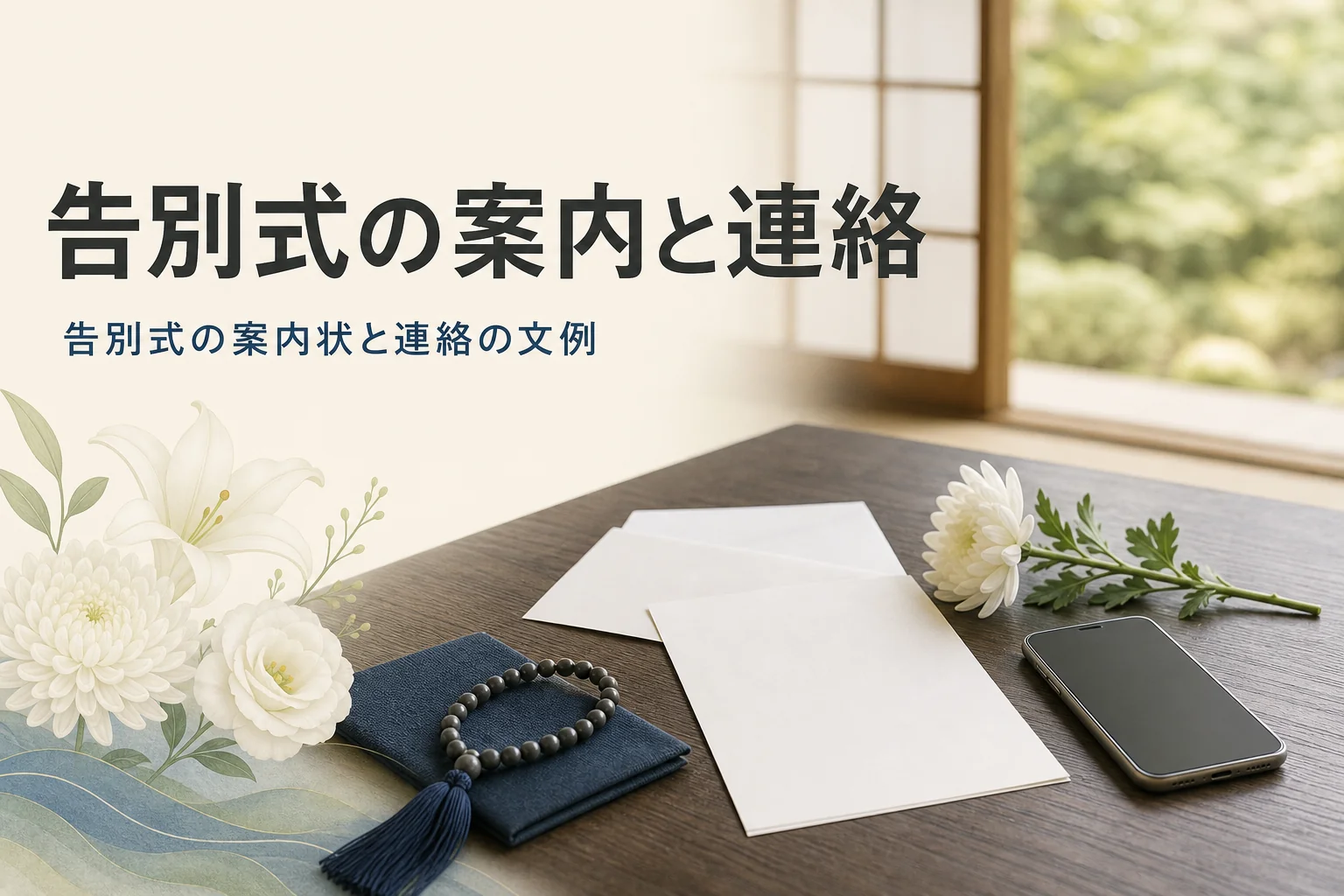 告別式の案内状と連絡の仕方を紹介する記事のアイキャッチ。座卓の上の便箋とスマートフォン
