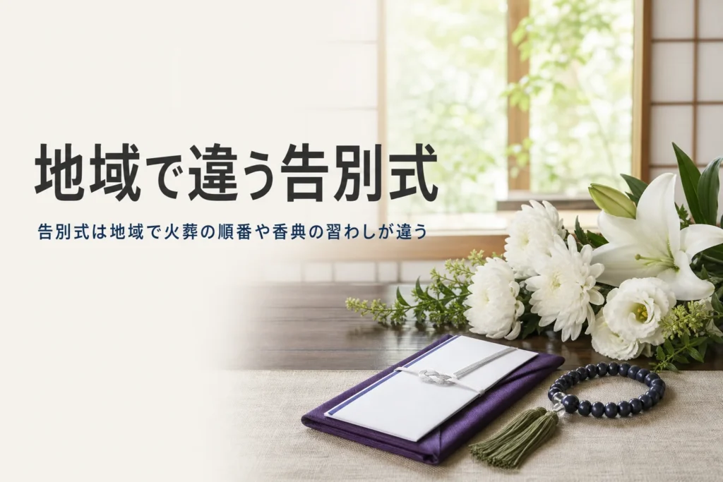 地域による告別式の違いを紹介する記事のアイキャッチ。座卓の上の白い花と袱紗