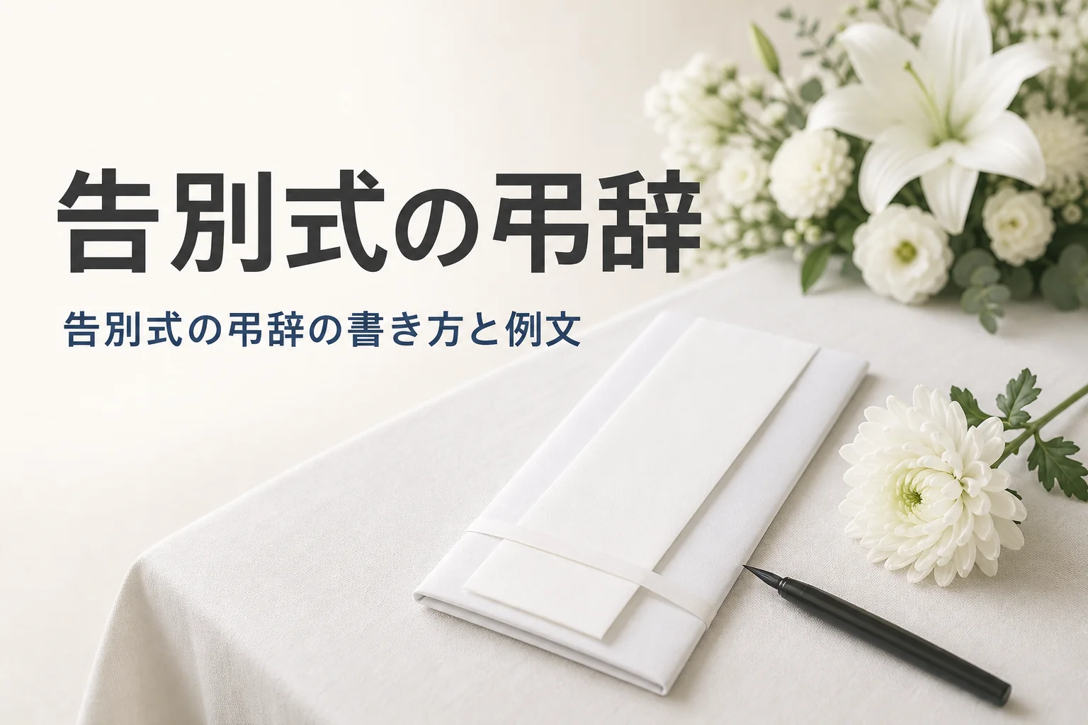 告別式の弔辞の書き方と例文を紹介する記事のアイキャッチ。奉書紙に包んだ書状と筆ペン
