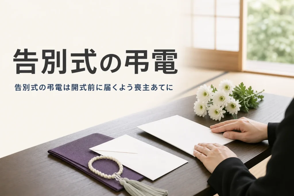 告別式の弔電の送り方と文例を紹介する記事のアイキャッチ。白い台紙の電報と白い花