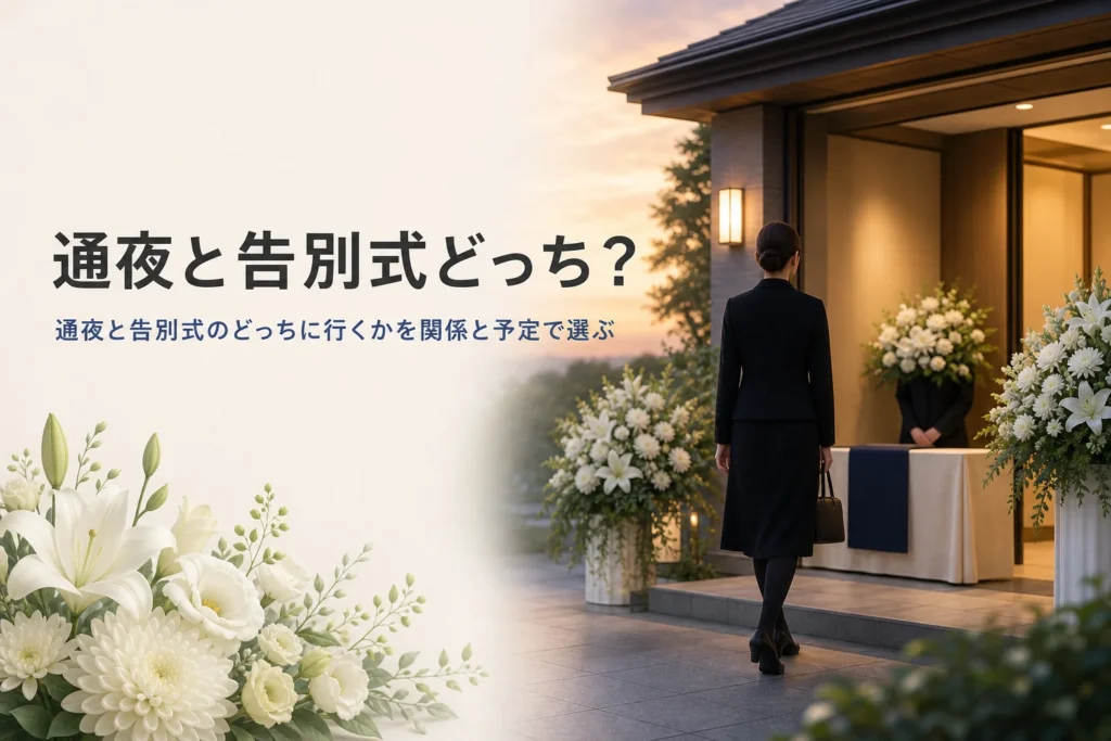 通夜と告別式のどちらに行くかを紹介する記事のアイキャッチ。斎場の入口へ向かう黒い服の後ろ姿