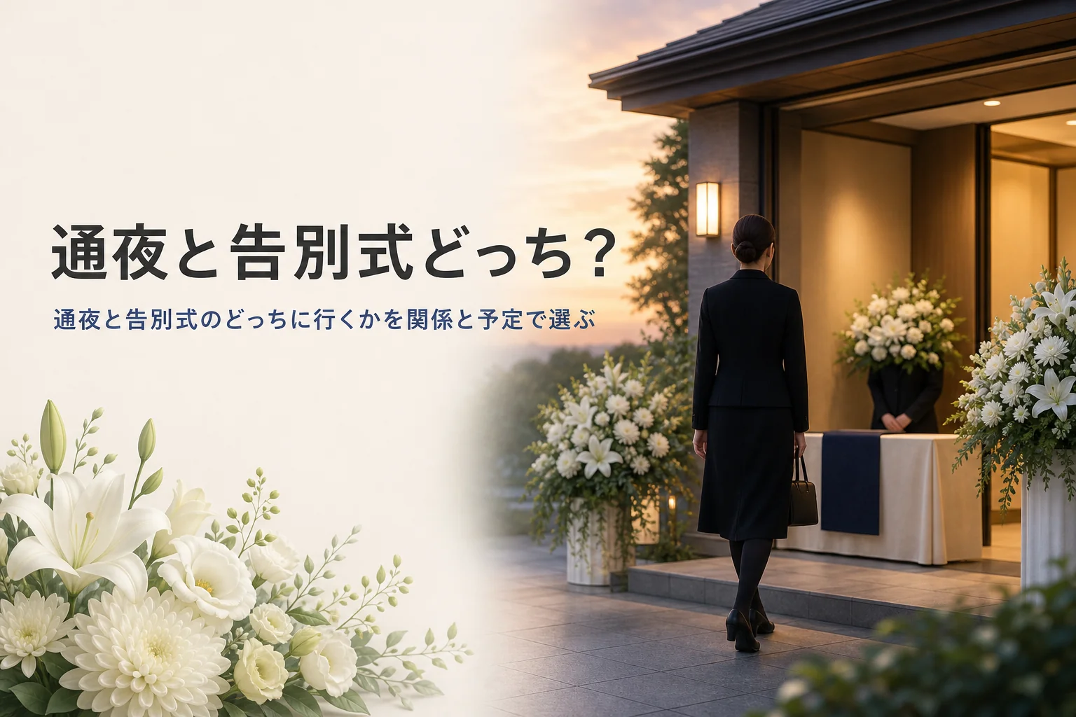 通夜と告別式のどちらに行くかを紹介する記事のアイキャッチ。斎場の入口へ向かう黒い服の後ろ姿