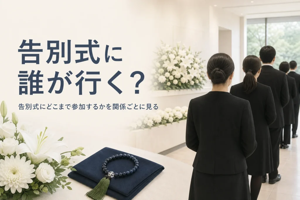 告別式に誰が行くかを紹介する記事のアイキャッチ。斎場のロビーに並ぶ黒い服の後ろ姿
