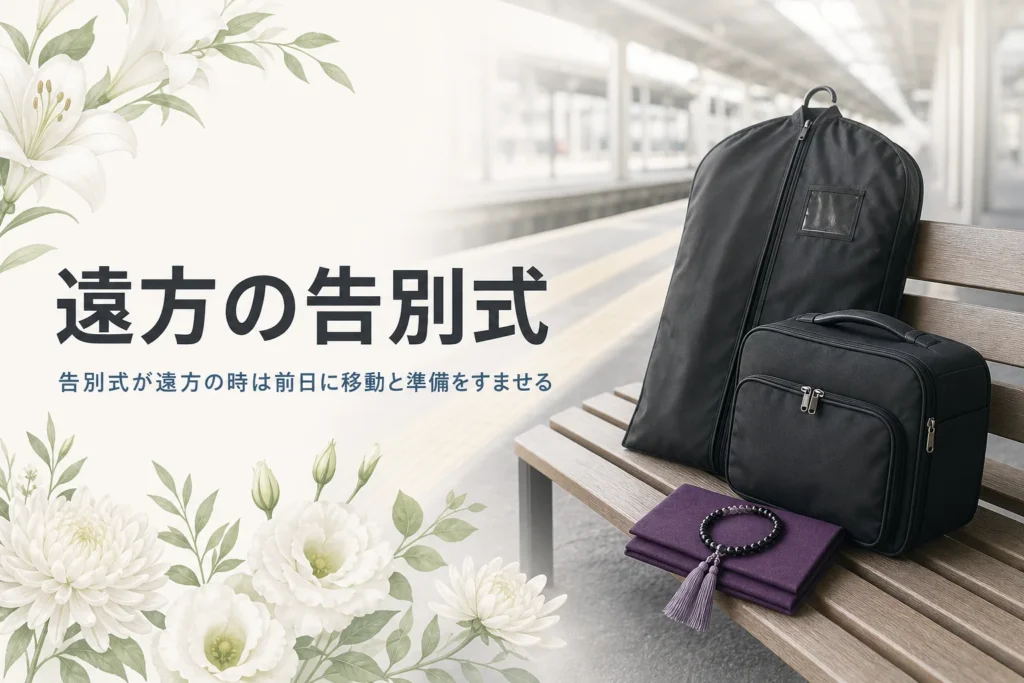遠方の告別式に行く時の準備を紹介する記事のアイキャッチ。駅のベンチに置かれた衣装カバーと黒いかばん