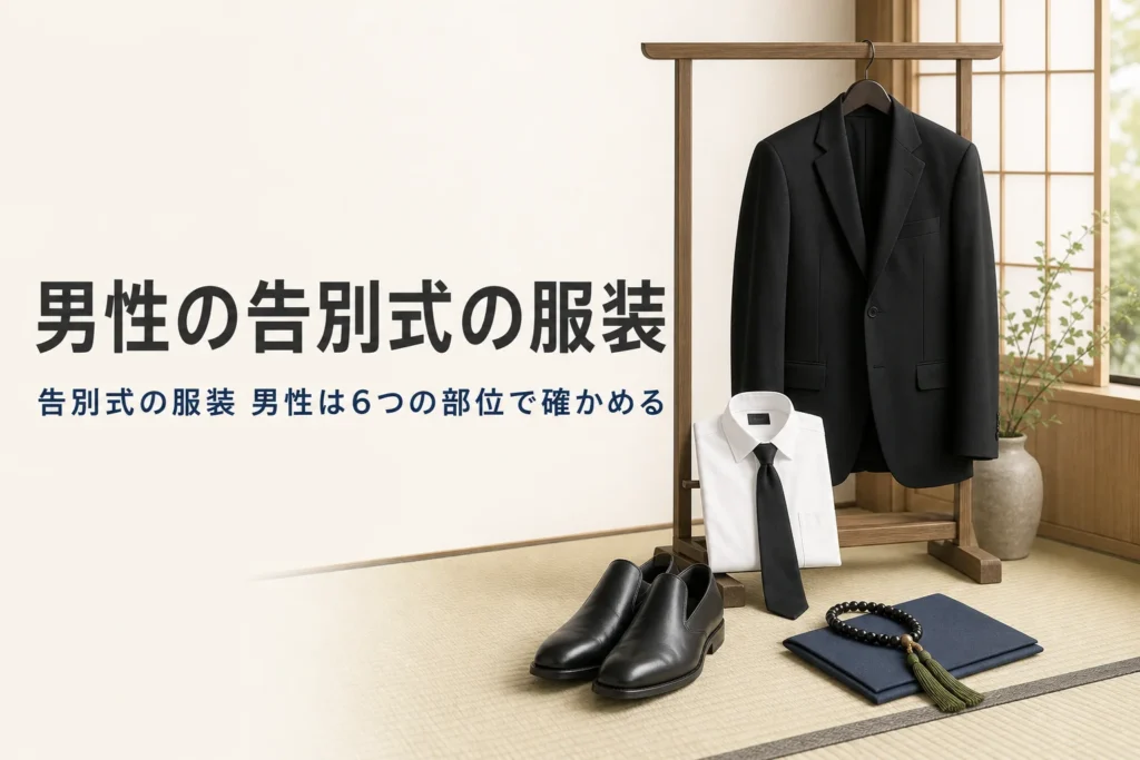 告別式の男性の服装を紹介する記事のアイキャッチ。衣桁にかけた黒い礼服と白いシャツ、黒いネクタイ