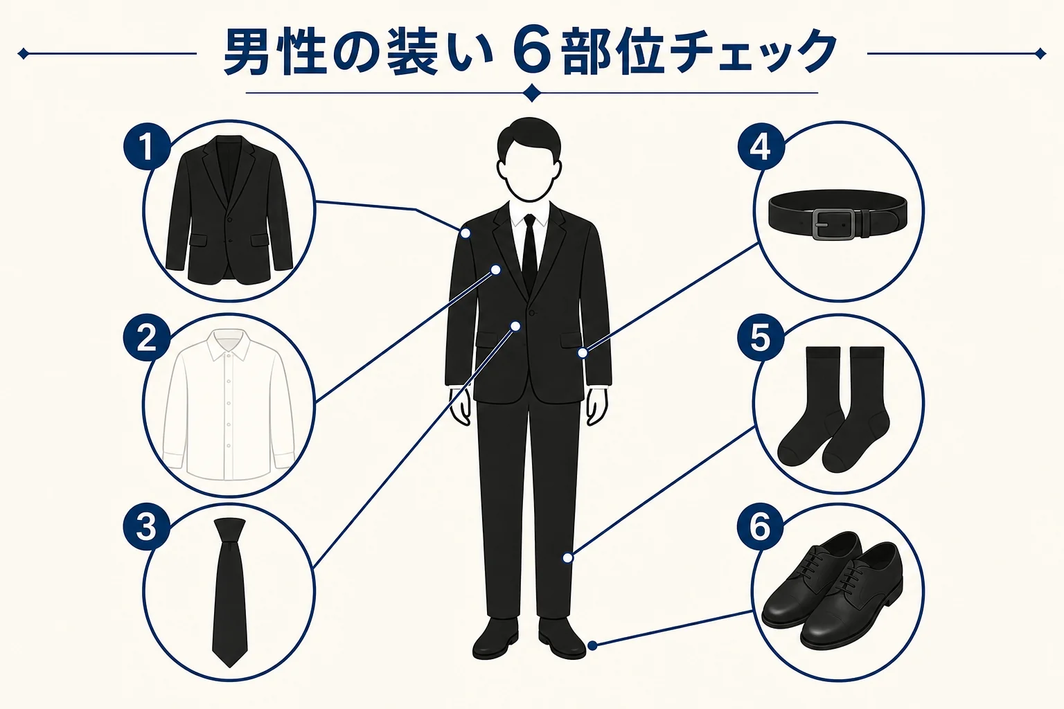 男性の装いを上着・シャツ・ネクタイ・ベルト・靴下・靴の6つの部位に分けて確かめるチェック表の図解