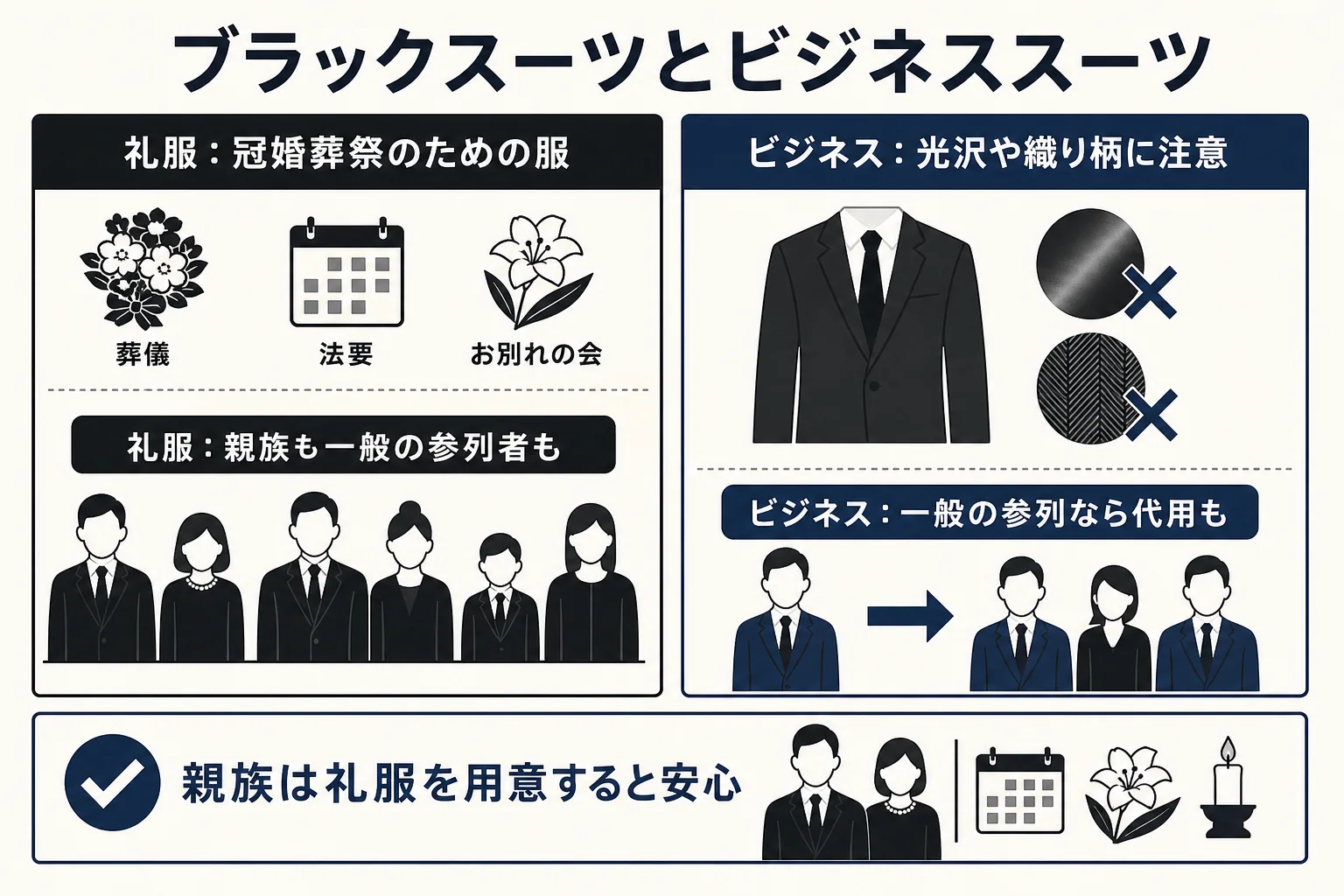 ブラックスーツとビジネススーツの違いを、格・光沢・柄・向いている立場で並べた図解
