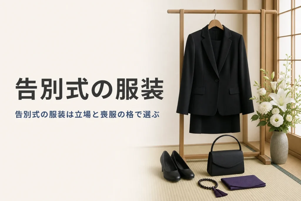 告別式の服装を紹介する記事のアイキャッチ。衣桁にかけた黒い喪服と、黒い靴・バッグ・数珠