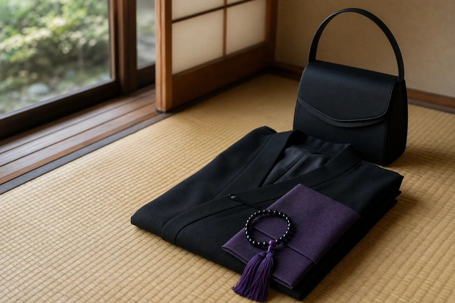 黒い服の袖口と、数珠と袱紗、黒いバッグが静かな和室に置かれている様子
