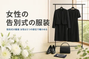 告別式の女性の服装を紹介する記事のアイキャッチ。衣桁にかけた黒いアンサンブルと黒いパンプス・バッグ