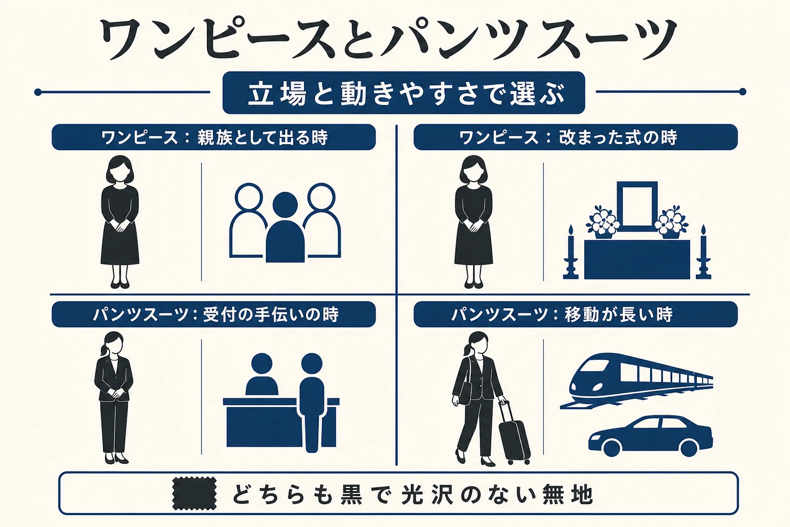 黒のワンピースとパンツスーツを並べ、それぞれが向いている場面を示した図解