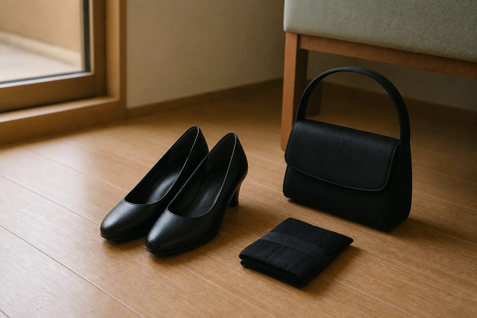 黒のパンプスと黒のストッキング、小さな黒いバッグが並んだ様子