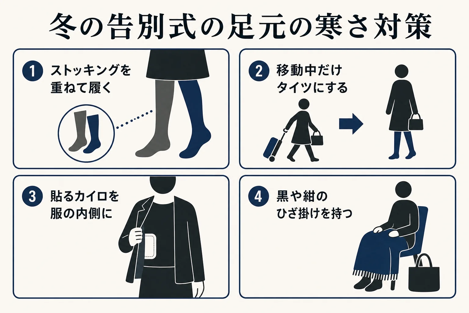 冬の告別式で、黒のストッキングのまま足元の寒さを和らげる方法をまとめた図解