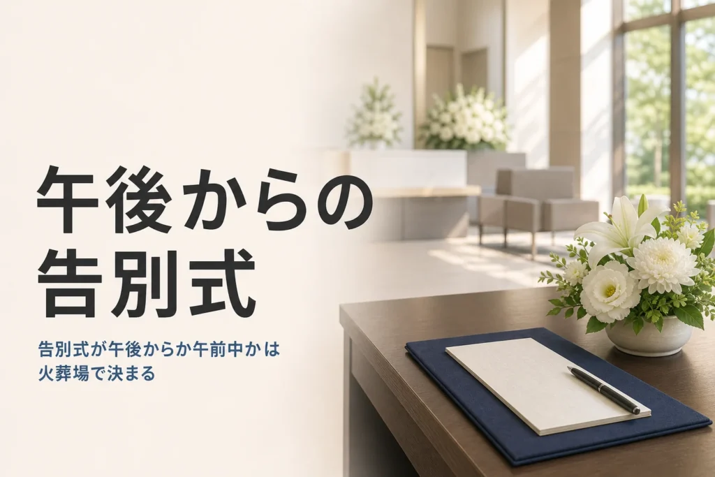 午後からの告別式を紹介する記事のアイキャッチ。昼の光が差す斎場のロビーと受付の机