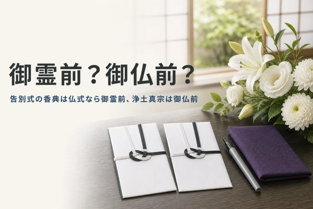 告別式の香典の御霊前と御仏前の選び方を紹介する記事のアイキャッチ。座卓の上の香典袋と袱紗