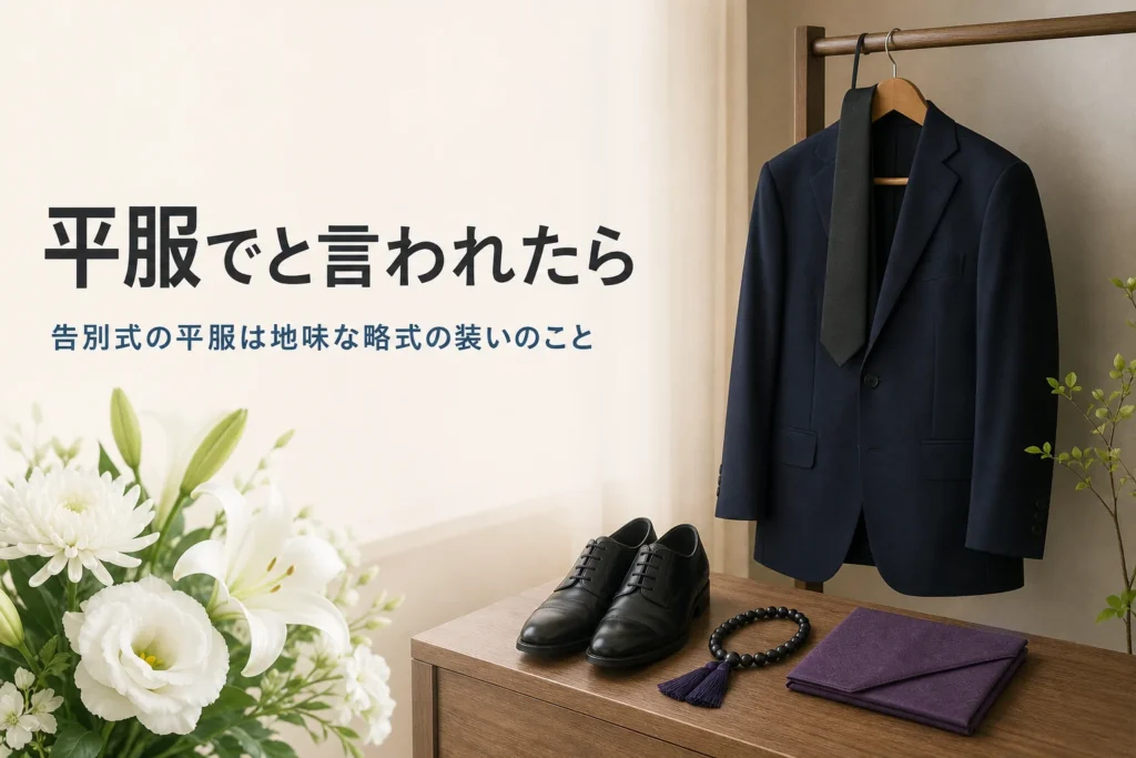 告別式の平服の考え方を紹介する記事のアイキャッチ。濃紺のスーツと黒のネクタイ、数珠と袱紗