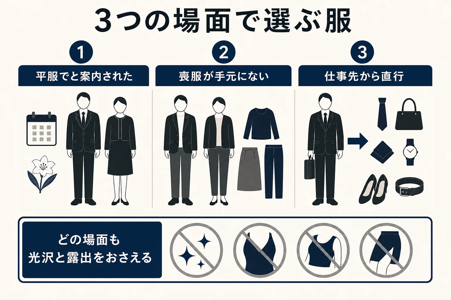 告別式の服を「平服でと案内された」「喪服が手元にない」「仕事先から直行する」の3場面で選ぶ判断表の図解