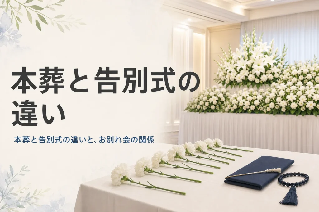 本葬と告別式の違いを紹介する記事のアイキャッチ。お別れ会の献花台と白い花