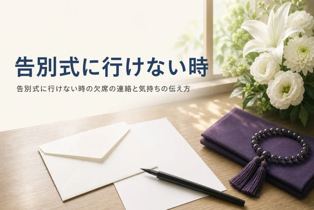告別式に行けない時の対処を紹介する記事のアイキャッチ。机に置かれた白い便箋と袱紗