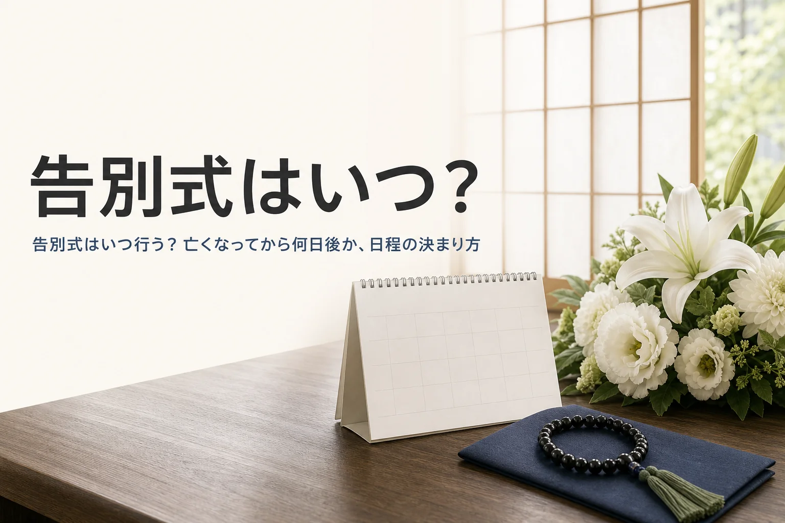 告別式はいつ行うのかを紹介する記事のアイキャッチ。文机の上の卓上カレンダーと白い花、数珠