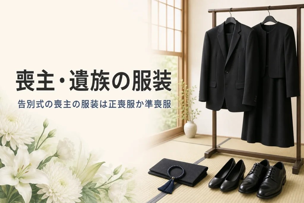 喪主・遺族の告別式の服装を紹介する記事のアイキャッチ。衣桁に並ぶ男女の黒い喪服