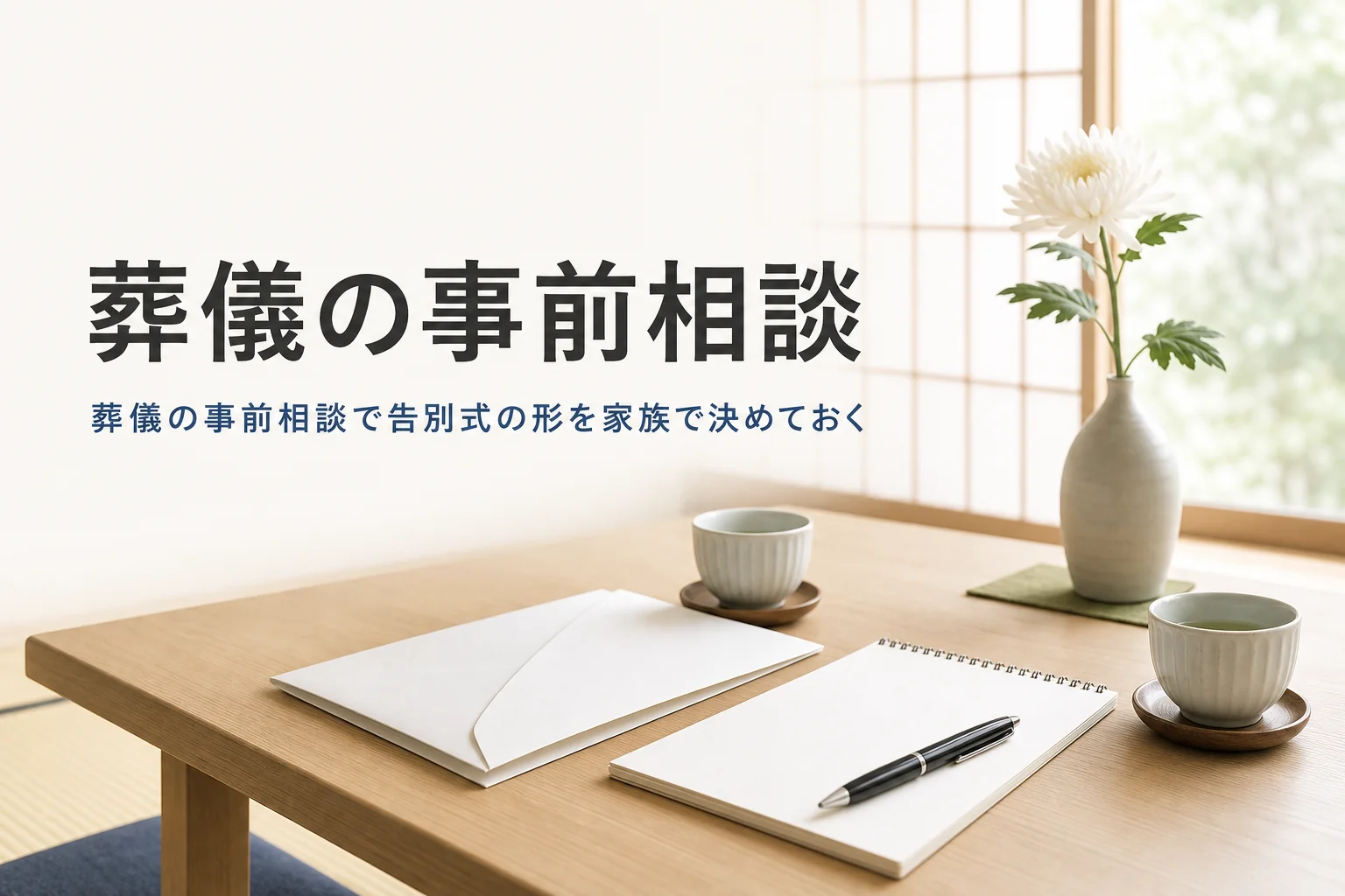 葬儀の事前相談と資料請求を紹介する記事のアイキャッチ。座卓に資料とメモ帳、湯のみが置かれている