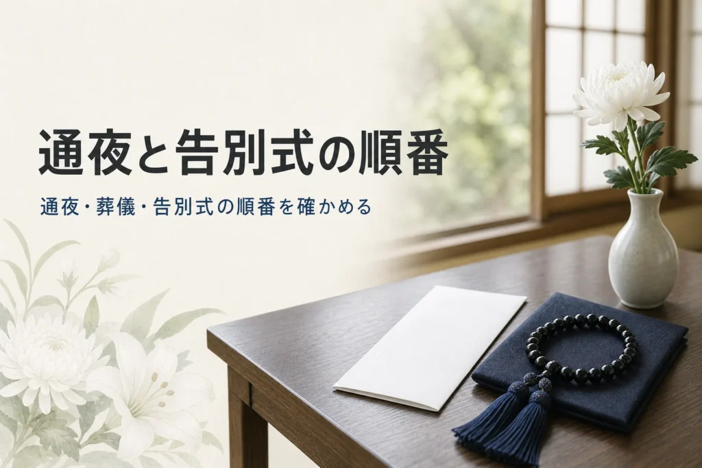 通夜・葬儀・告別式の順番を紹介する記事のアイキャッチ。和室の座卓の案内状と数珠