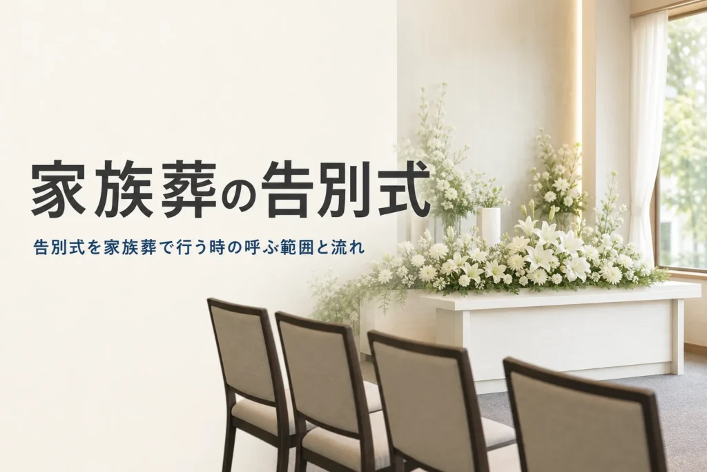 家族葬の告別式について紹介する記事のアイキャッチ。白い花の祭壇と少ない椅子が並ぶ小さな式場