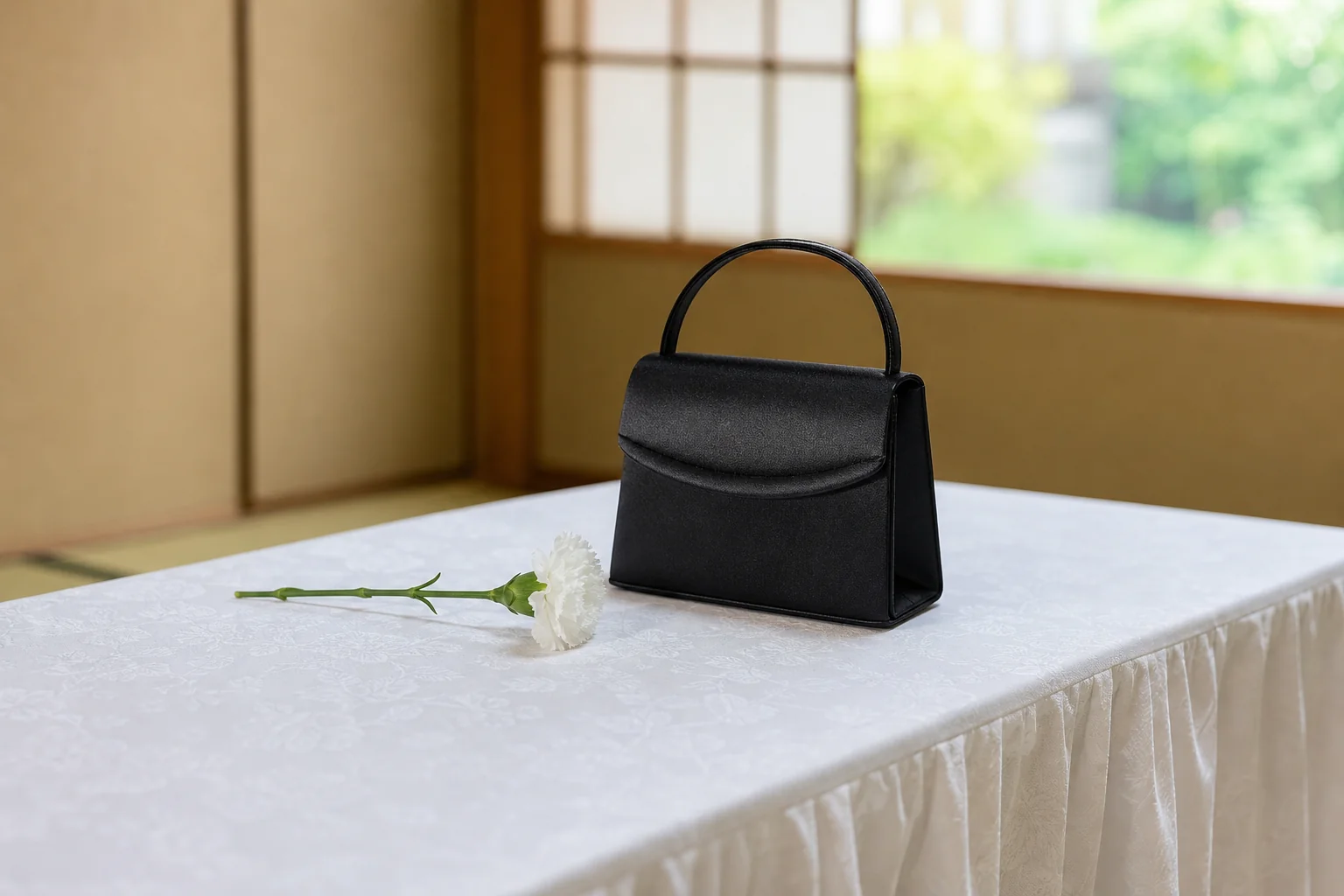 献花の列に並ぶ前に整えておきたい手元の様子。黒いバッグと白い花が置かれた受付の机