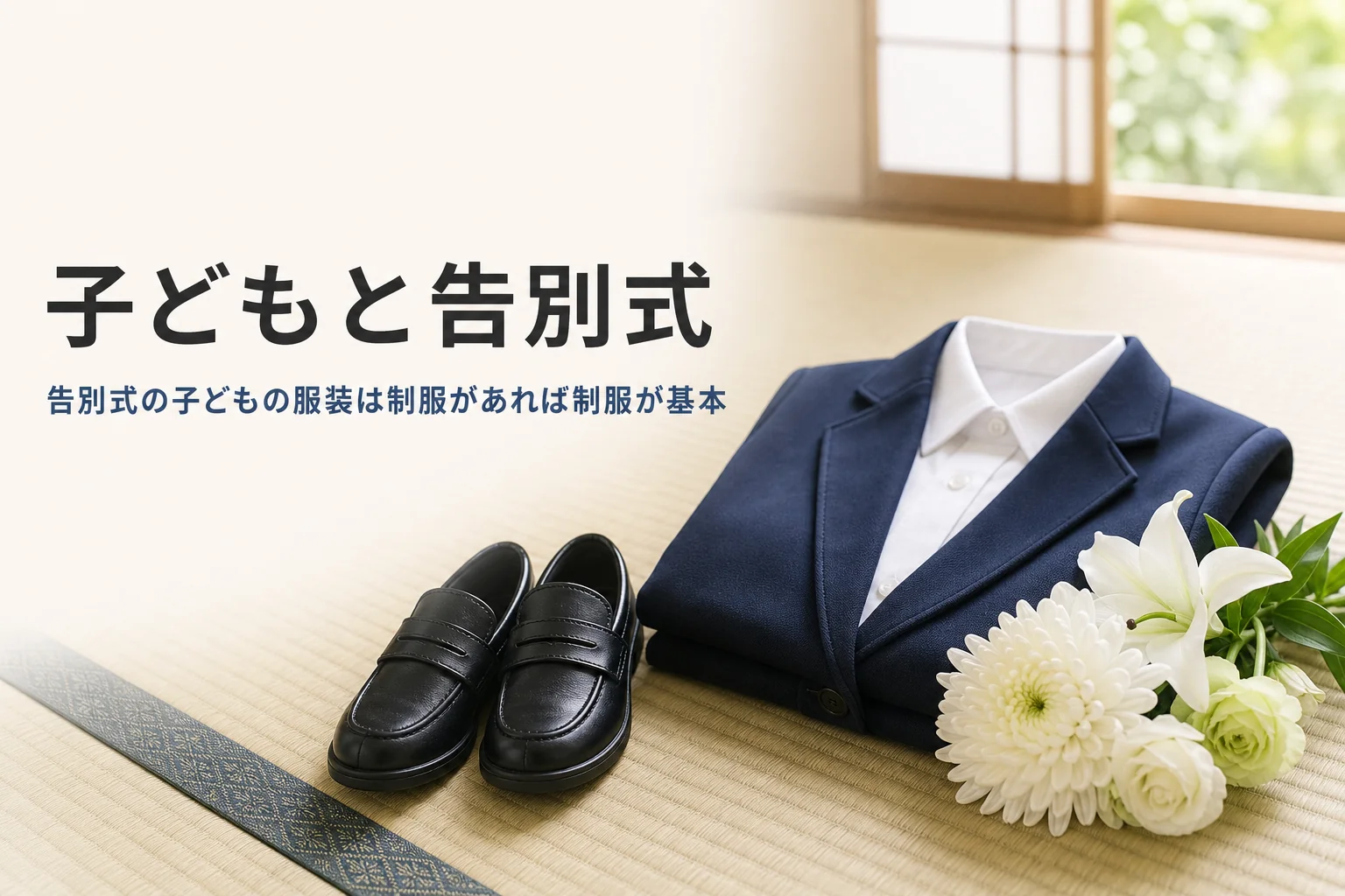 子どもと告別式に参列する時の服装を紹介する記事のアイキャッチ。たたんだ制服と黒い子ども靴