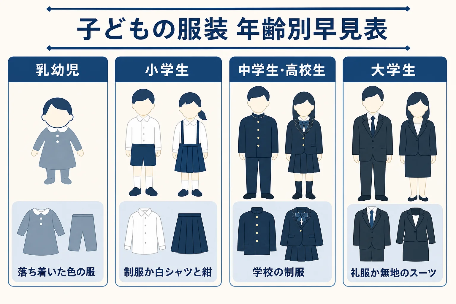 告別式に参列する子どもの服装と過ごし方を、乳幼児・小学生・中高生・大学生の4段階で並べた早見表の図解