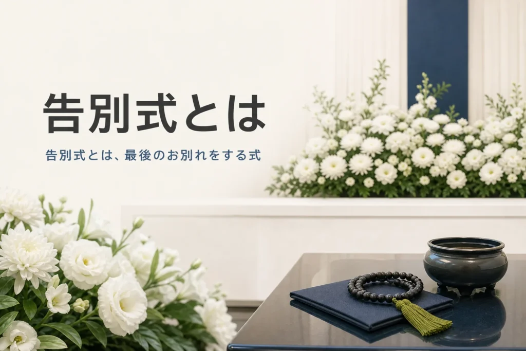 告別式とは何かを紹介する記事のアイキャッチ。白い花の祭壇と焼香台