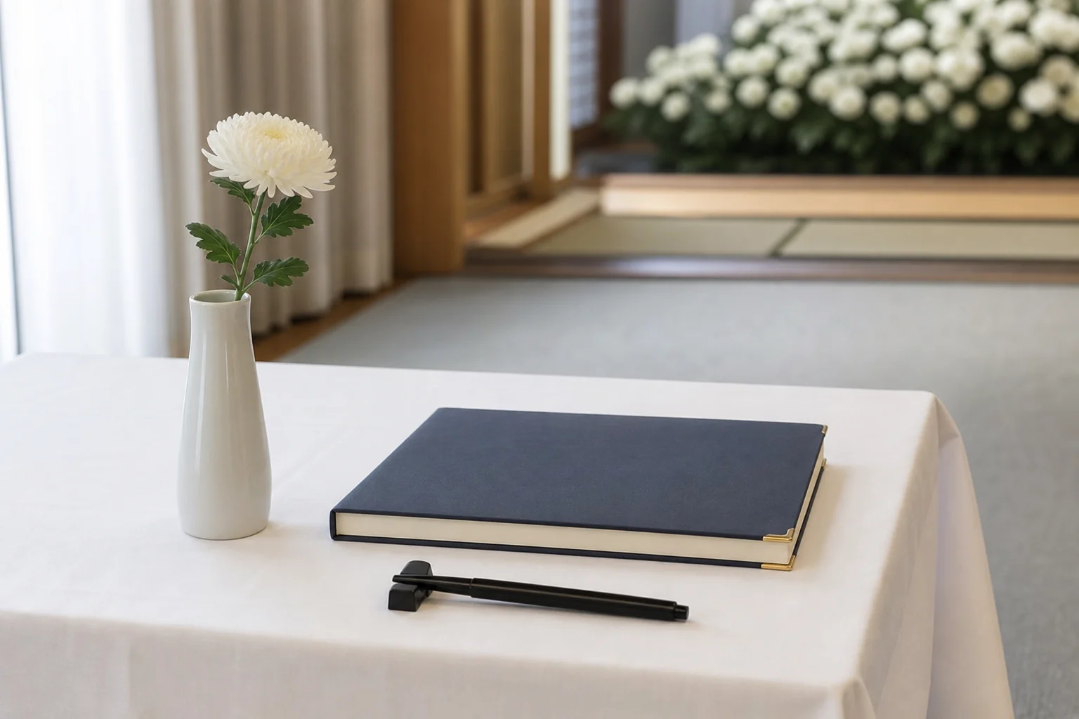 告別式の受付に置かれた白い花と芳名帳の写真