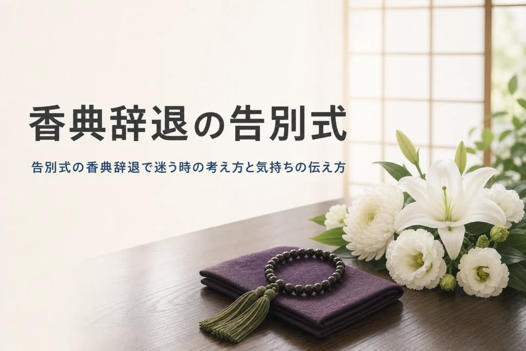 告別式の香典辞退について紹介する記事のアイキャッチ。白い花と袱紗、数珠