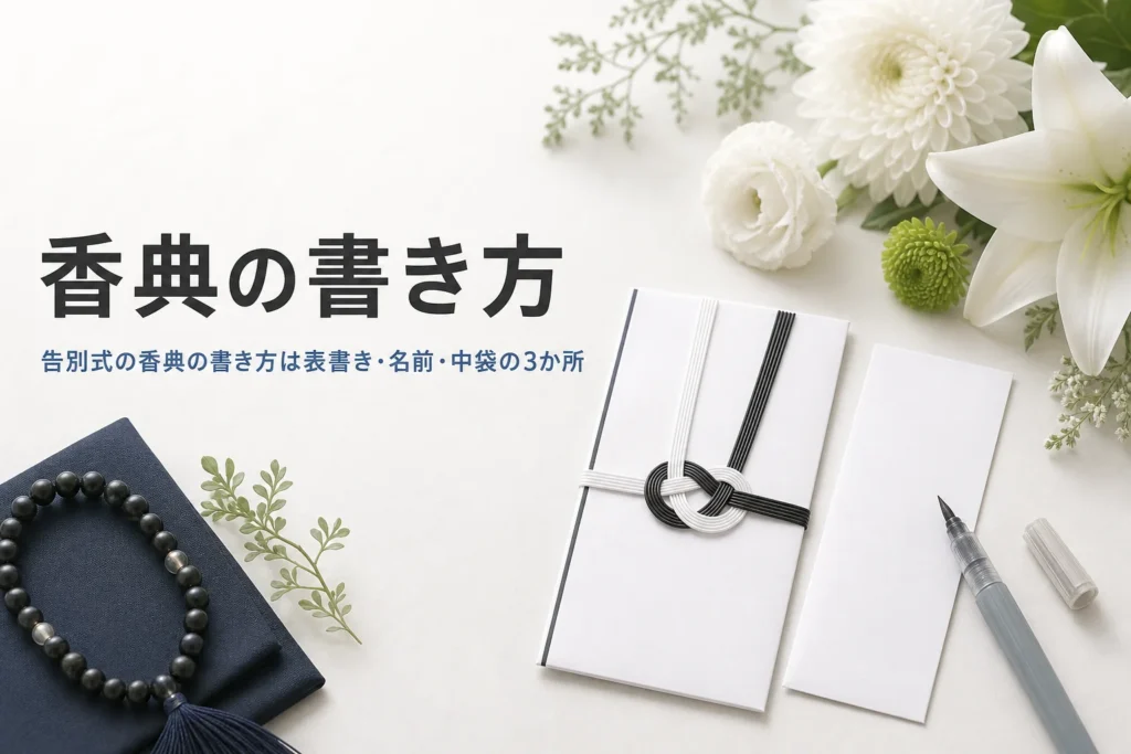 告別式の香典の書き方を紹介する記事のアイキャッチ。香典袋と中袋、薄墨の筆ペン