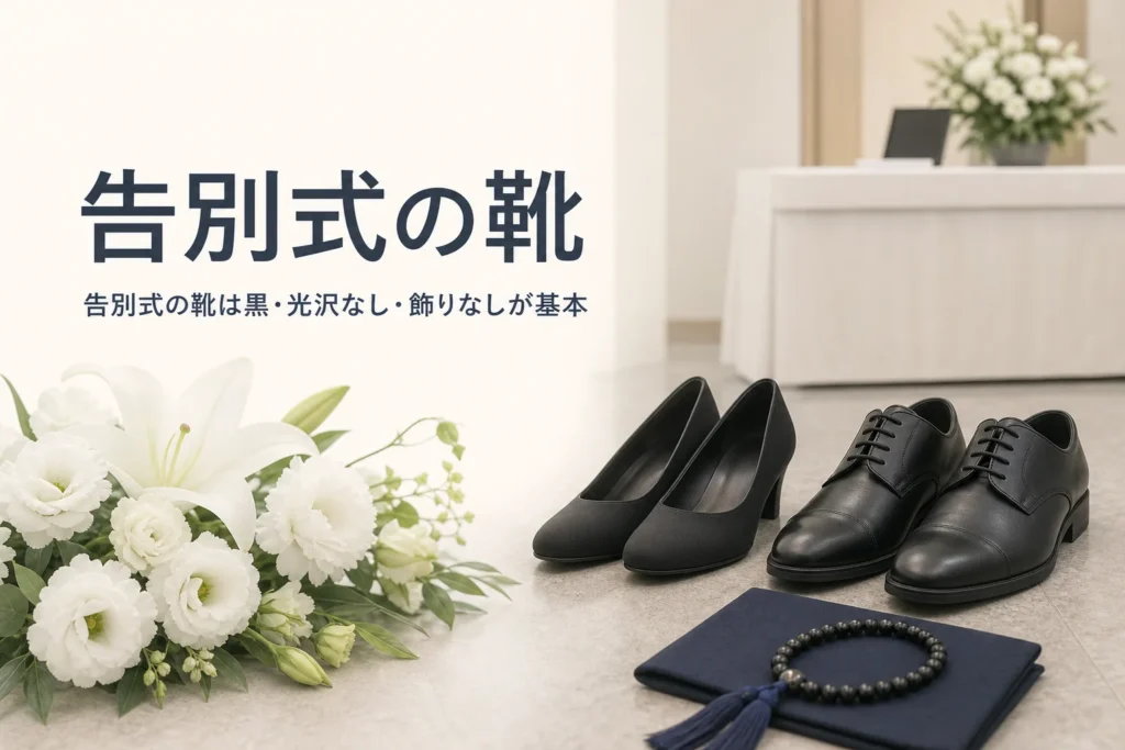 告別式の靴の選び方を紹介する記事のアイキャッチ。並んだ黒のパンプスと黒の革靴