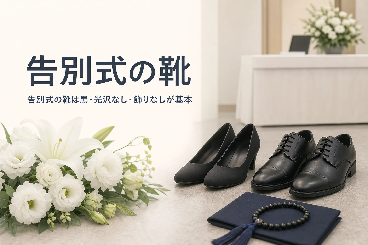 告別式の靴の選び方を紹介する記事のアイキャッチ。並んだ黒のパンプスと黒の革靴