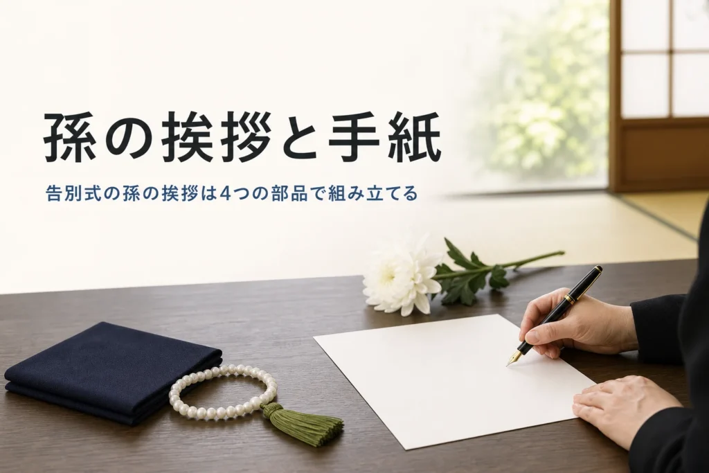 告別式の孫の挨拶の例文を紹介する記事のアイキャッチ。座卓に置かれた白い便箋と白い花