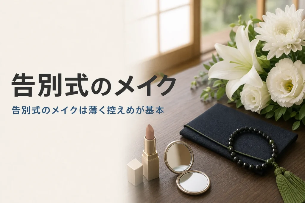 告別式のメイクとネイルの整え方を紹介する記事のアイキャッチ。座卓の上の数珠と袱紗、控えめな化粧品