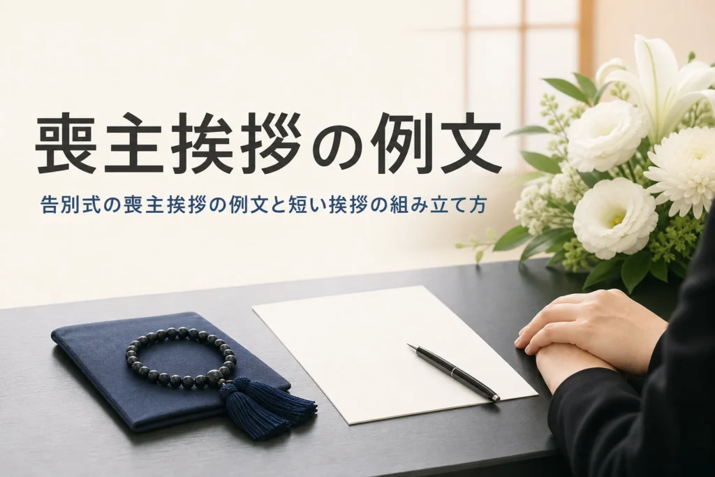 告別式の喪主挨拶の例文を紹介する記事のアイキャッチ。机に置かれた挨拶のメモと数珠