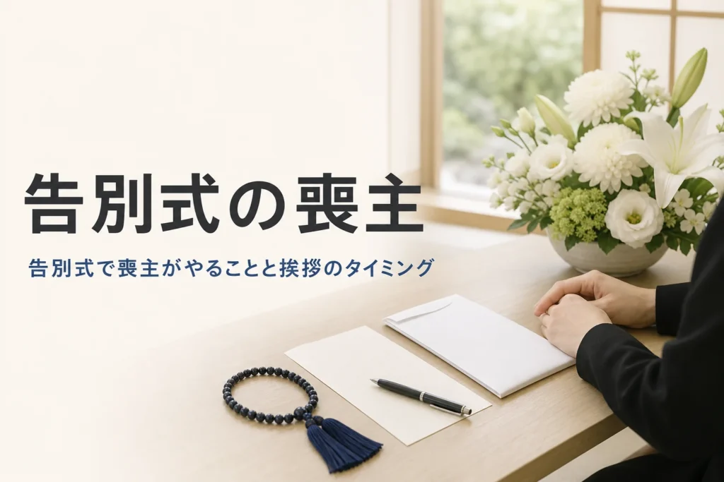 告別式で喪主がやることを紹介する記事のアイキャッチ。控室の机に置かれた数珠と挨拶のメモ