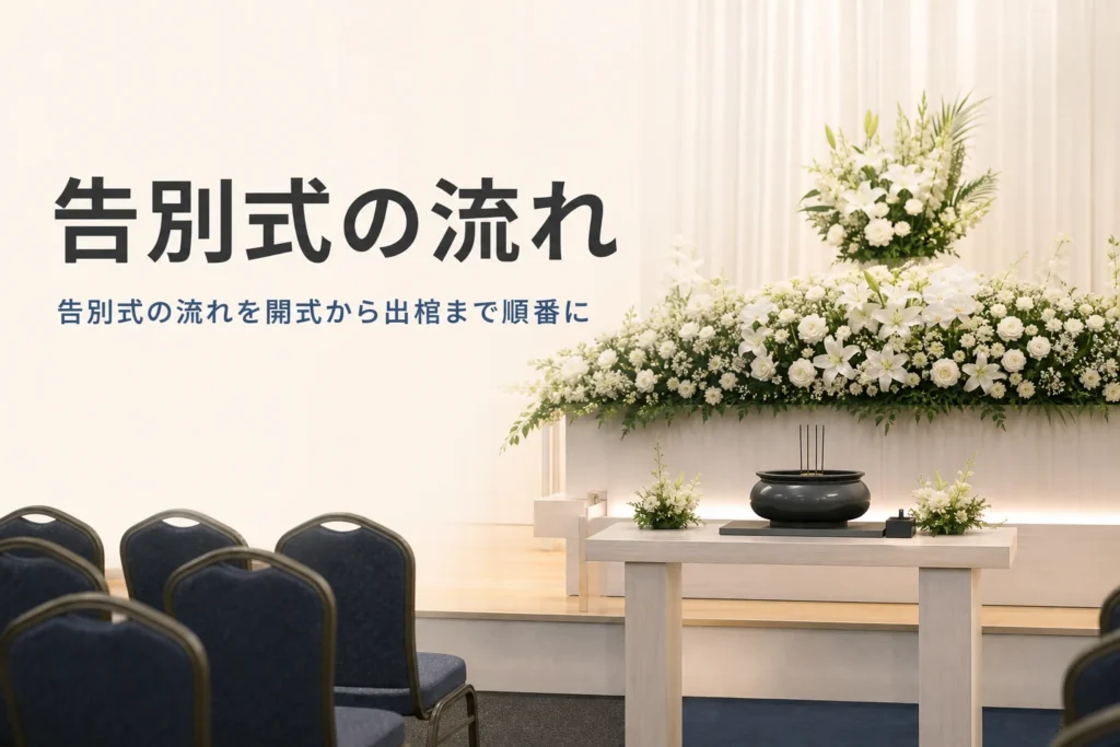 告別式の流れを紹介する記事のアイキャッチ。白い花の祭壇と並んだ椅子、焼香台のある式場