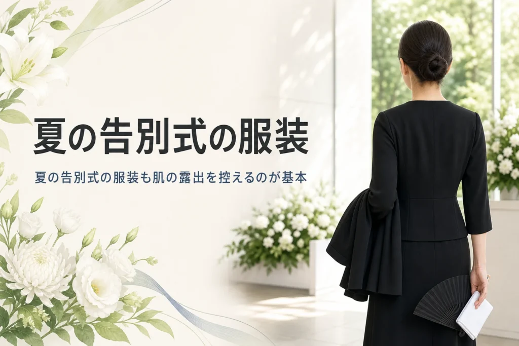 夏の告別式の服装を紹介する記事のアイキャッチ。上着を腕にかけた喪服の後ろ姿と扇子