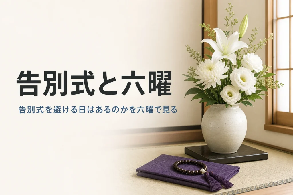 告別式を避ける日と六曜を紹介する記事のアイキャッチ。和室に置かれた白い花と数珠