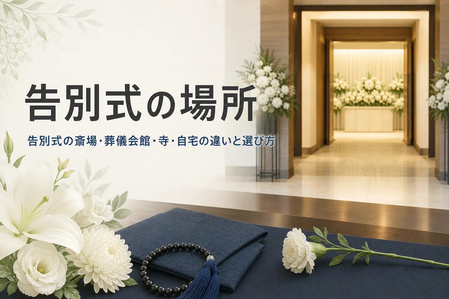 告別式の場所について紹介する記事のアイキャッチ。白い花が飾られた斎場のロビーと式場の入口
